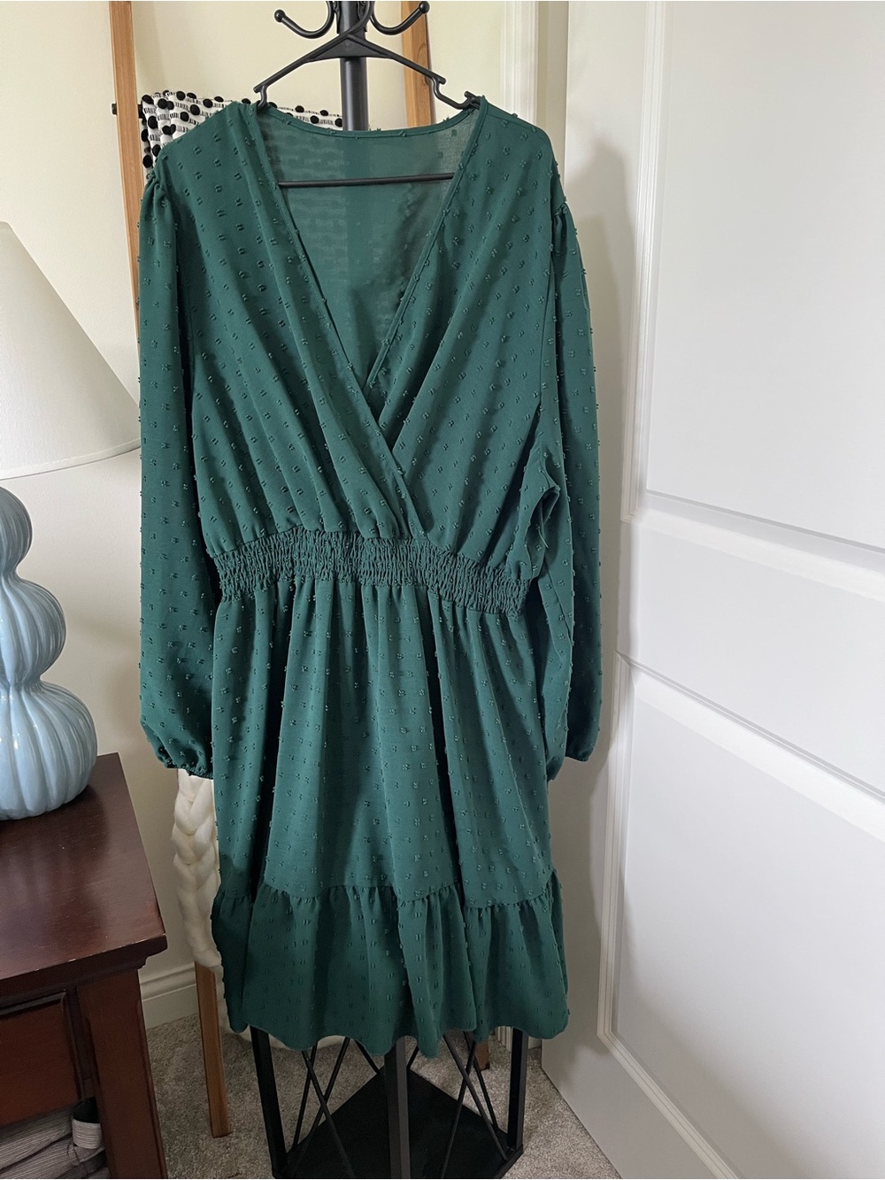 SHEIN Curve Green Long Sleeve V-Neck Smocked Waist Dress